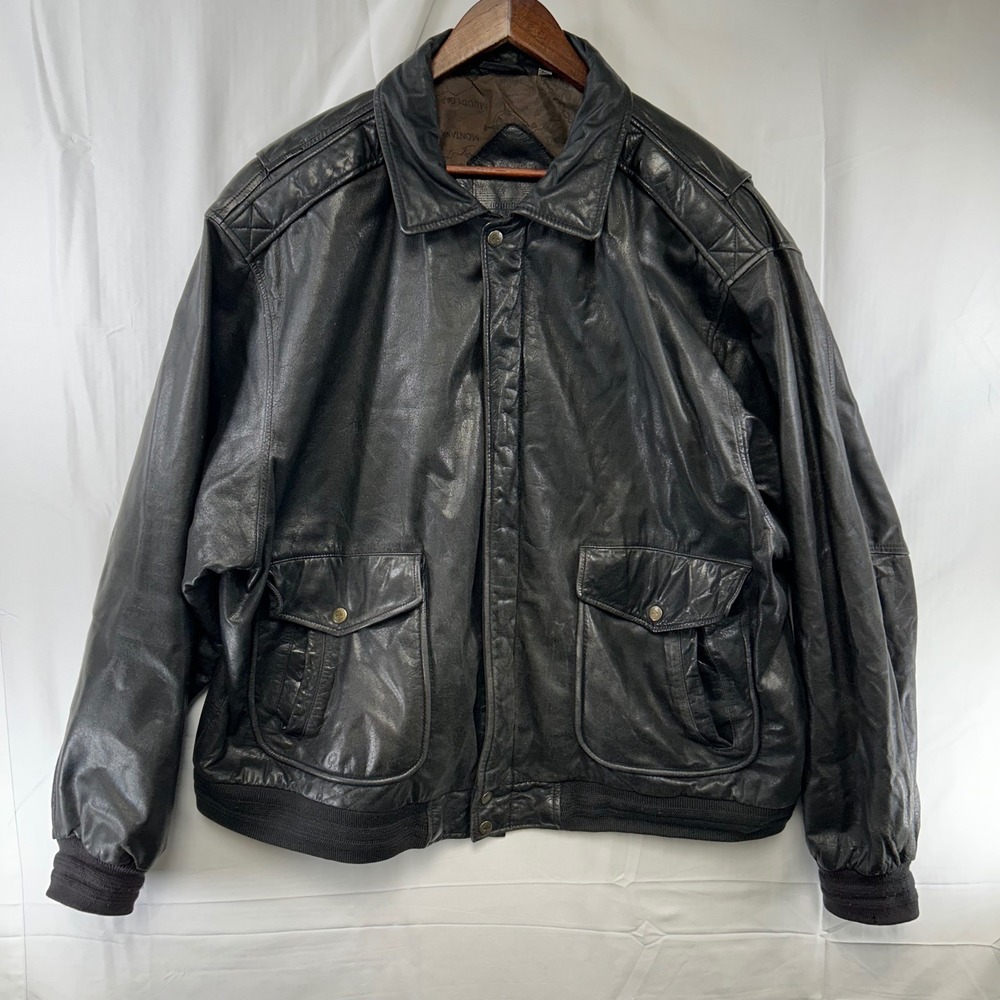 Roundtree & Yorke Bomber Jacket Mens XXL Black Leather Map Lining Aviator